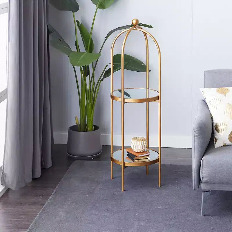 Scaffale in metallo Glam oro a 2 ripiani con specchio, struttura a gabbia, nessun montaggio