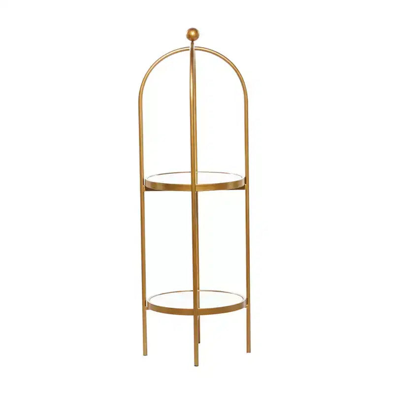 Scaffale in metallo Glam oro a 2 ripiani con specchio, struttura a gabbia, nessun montaggio