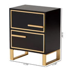 Tavolino Comodino a 2 Cassetti in Legno e Metallo, Nero e Oro, Moderno Glam