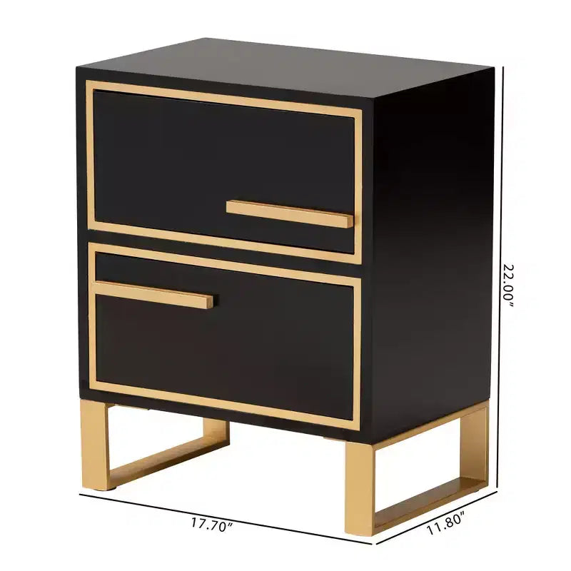 Tavolino Comodino a 2 Cassetti in Legno e Metallo, Nero e Oro, Moderno Glam