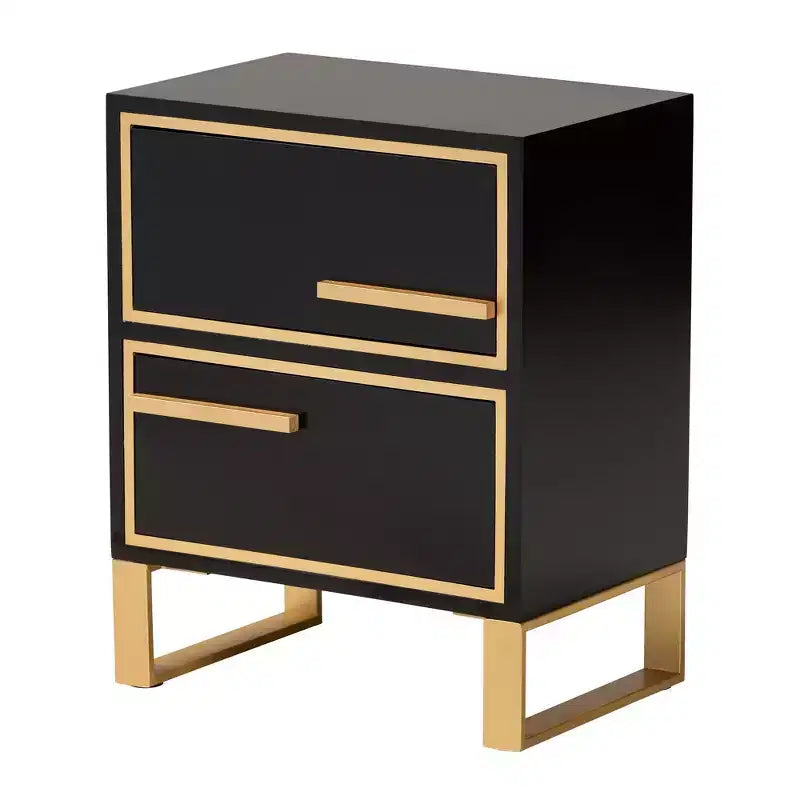 Tavolino Comodino a 2 Cassetti in Legno e Metallo, Nero e Oro, Moderno Glam