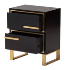 Tavolino Comodino a 2 Cassetti in Legno e Metallo, Nero e Oro, Moderno Glam