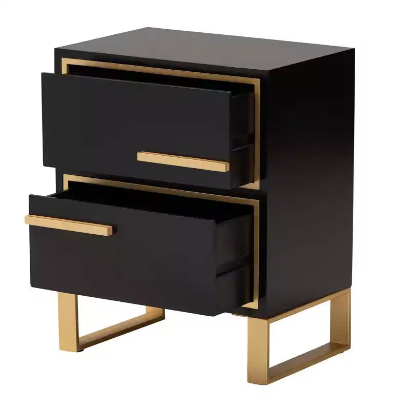 Tavolino Comodino a 2 Cassetti in Legno e Metallo, Nero e Oro, Moderno Glam