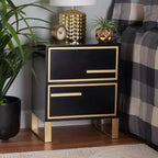 Tavolino Comodino a 2 Cassetti in Legno e Metallo, Nero e Oro, Moderno Glam