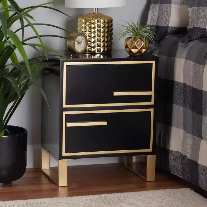 Tavolino Comodino a 2 Cassetti in Legno e Metallo, Nero e Oro, Moderno Glam