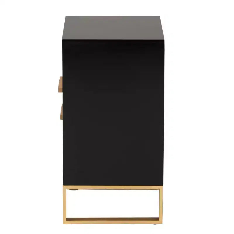 Tavolino Comodino a 2 Cassetti in Legno e Metallo, Nero e Oro, Moderno Glam