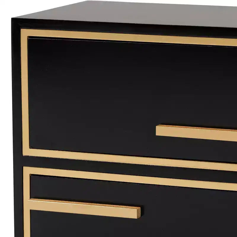 Tavolino Comodino a 2 Cassetti in Legno e Metallo, Nero e Oro, Moderno Glam