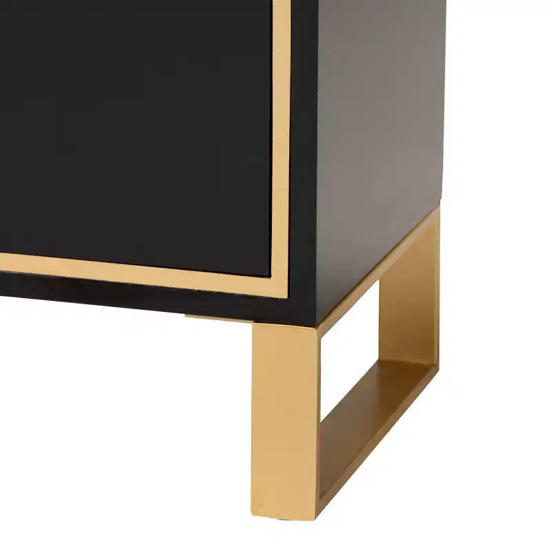 Tavolino Comodino a 2 Cassetti in Legno e Metallo, Nero e Oro, Moderno Glam