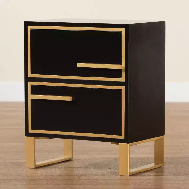 Tavolino Comodino a 2 Cassetti in Legno e Metallo, Nero e Oro, Moderno Glam