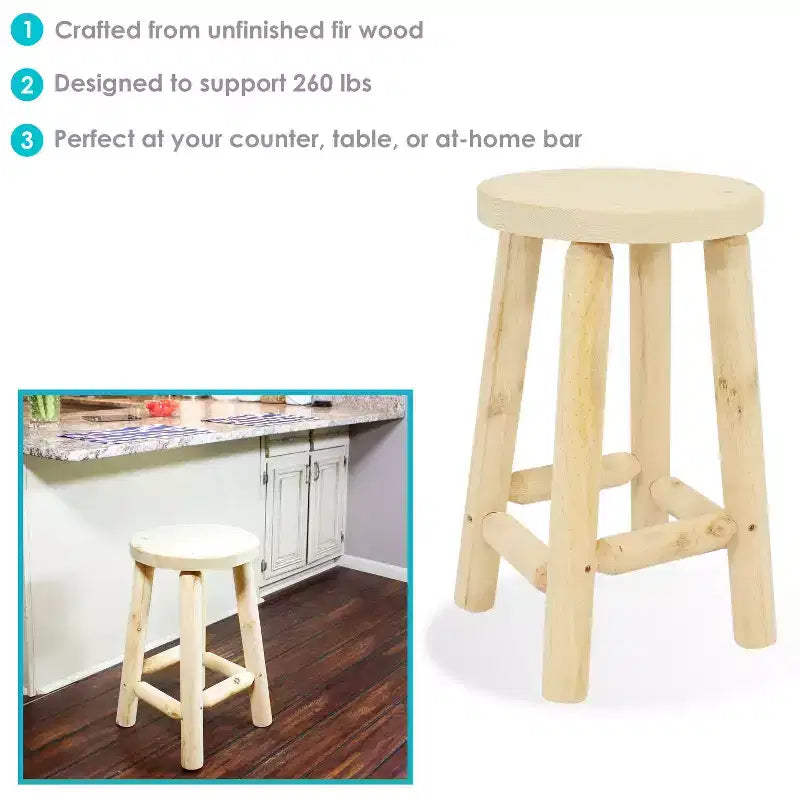 Sgabello rotondo in legno non rifinito, altezza bancone, legno di abete 24" senza schienale rustico
