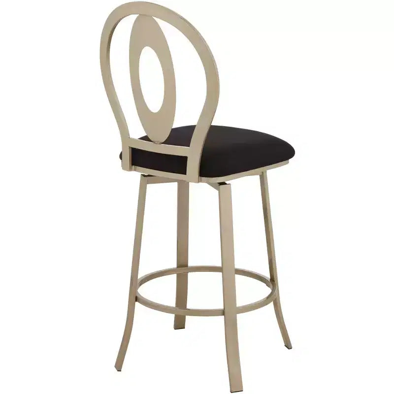 Sgabello da bar girevole in metallo color oro champagne da 74 cm, stile moderno di metà secolo con cuscino e schienale neri