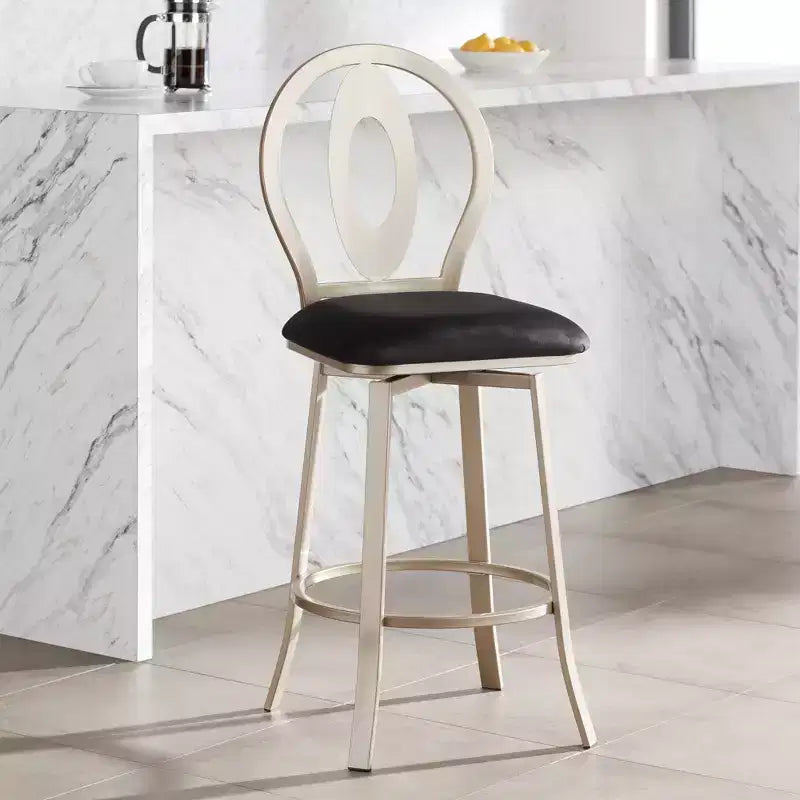 Sgabello da bar girevole in metallo color oro champagne da 74 cm, stile moderno di metà secolo con cuscino e schienale neri